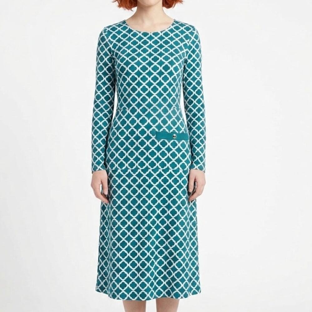 Geometric Teal Midi Dress Business Causal Workwear Office Modest Classic Large